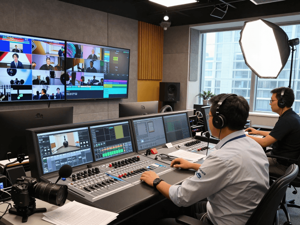 Technicien de studio de télévision utilisant Atlas pro ontv pour une production en direct
