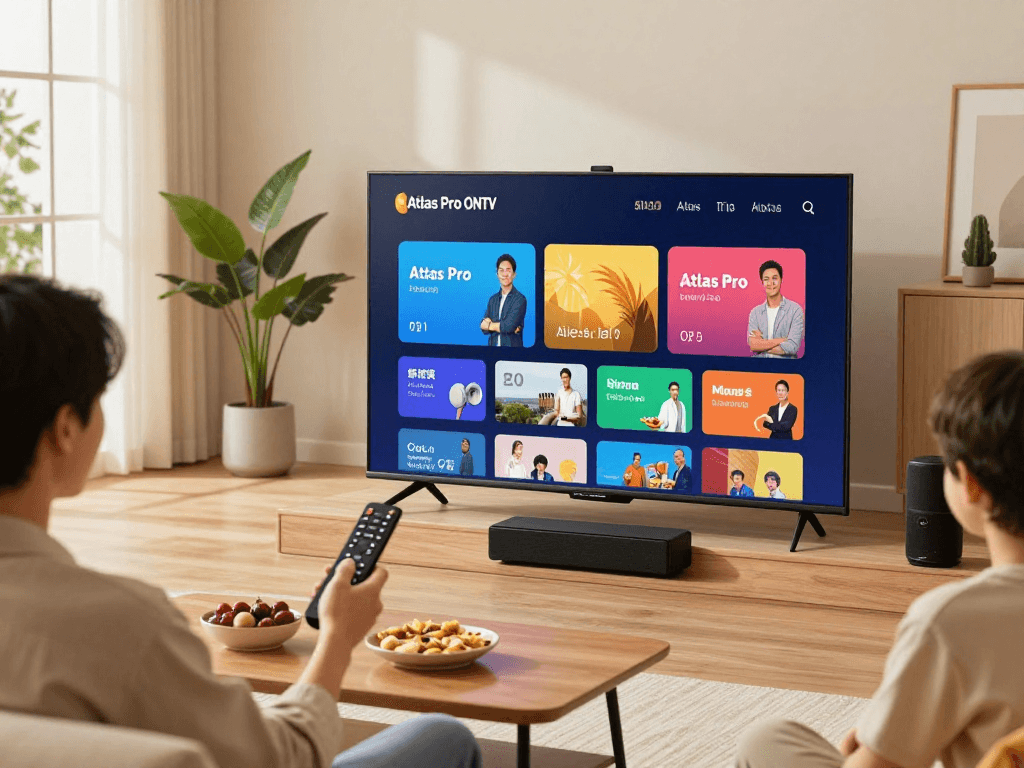 Utilisation de l'application atlas pro ontv dans un salon moderne et convivial.