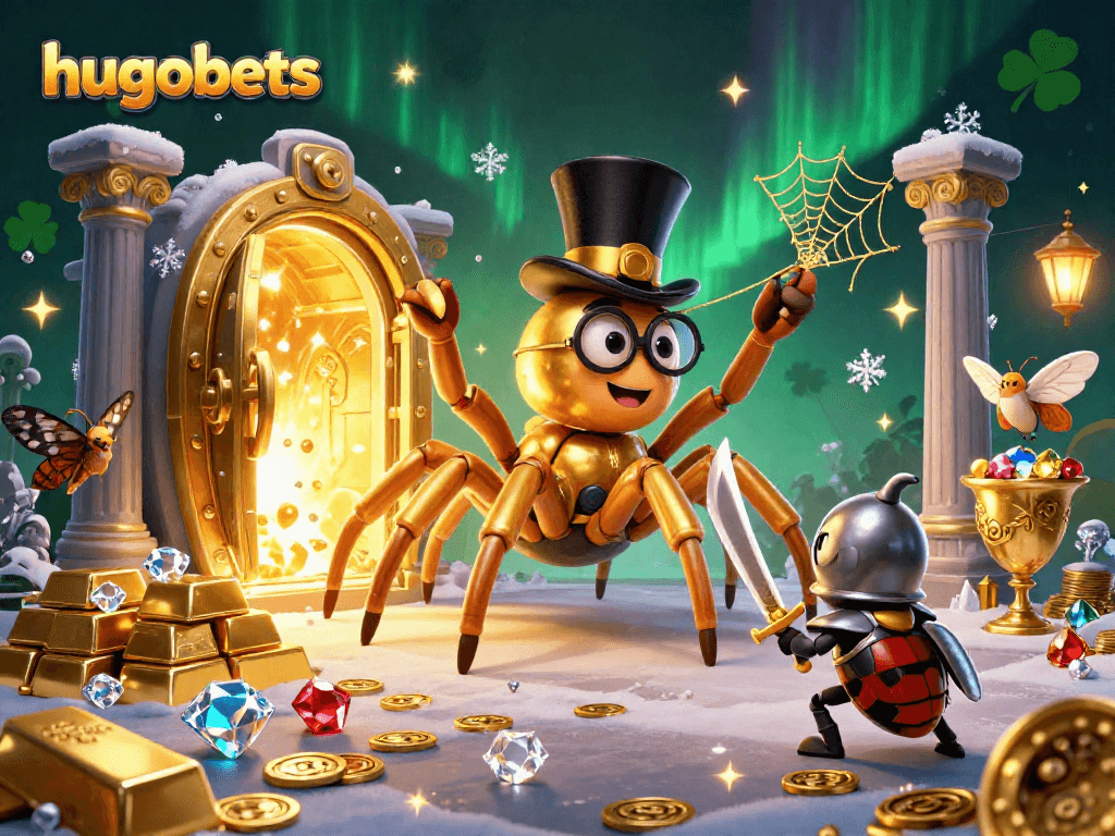 Engage in excitement at hugobets casino with a vibrant 3D scene featuring a golden tarantula and imaginative treasures.