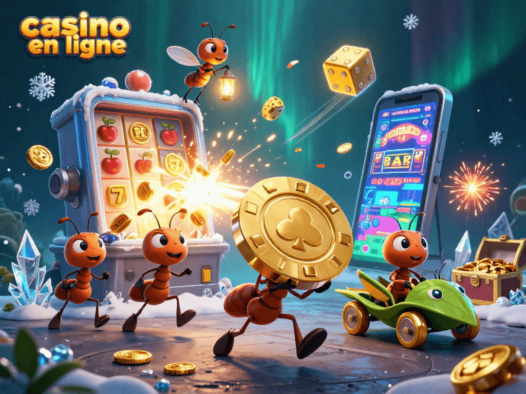Les fourmis transportent un jeton d'or dans un tunnel au casino en ligne, entourées de jeux colorés.