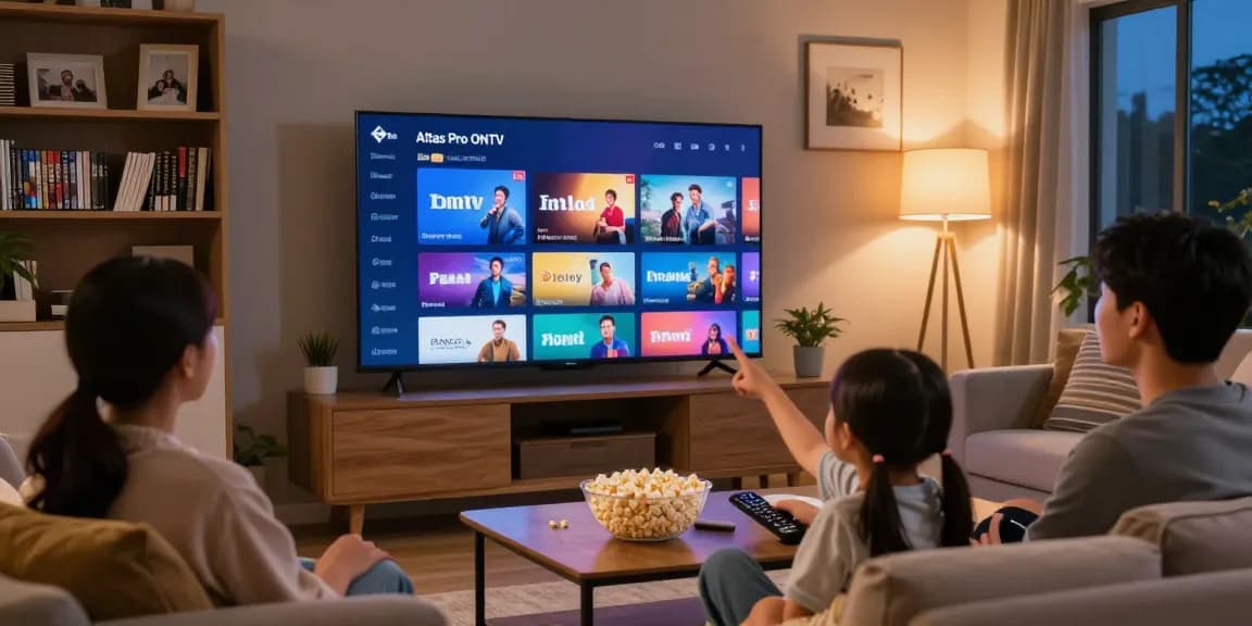 Télévision familiale avec Atlas pro ONTV, ambiance chaleureuse et divertissement partagé.