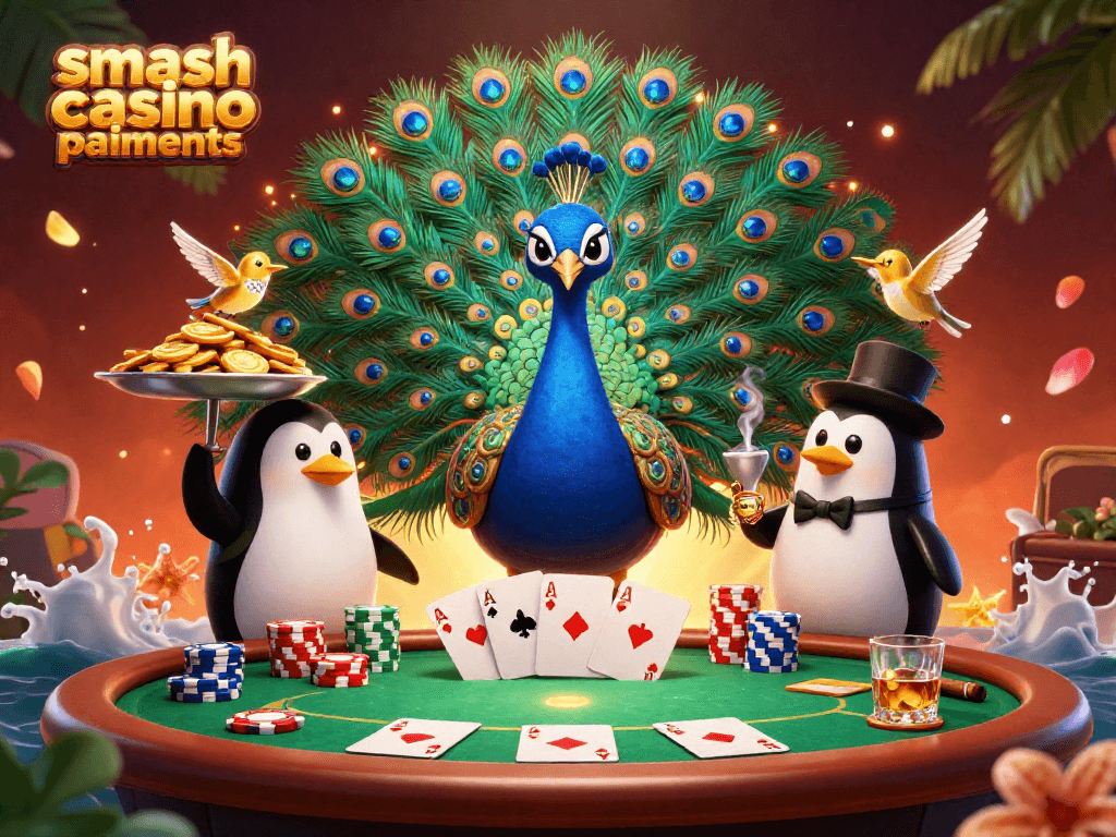 Découvrez les paiements Smash Casino dans une illustration captivante avec un paon aristocratique et des jetons d'or.