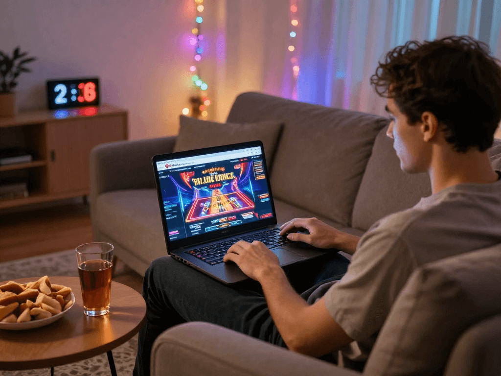 Joueur profitant d'un casino en ligne sur son ordinateur portable dans une ambiance chaleureuse et relaxante.