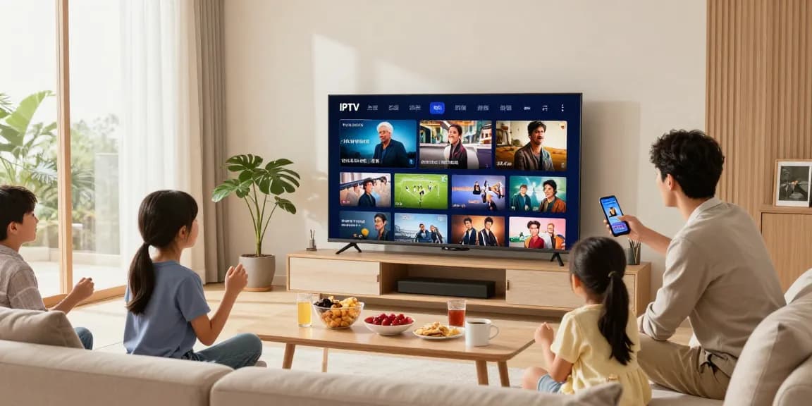 Famille profitant d'Atlas Pro avec IPTV dans un salon moderne, émissions et films sur grand écran.